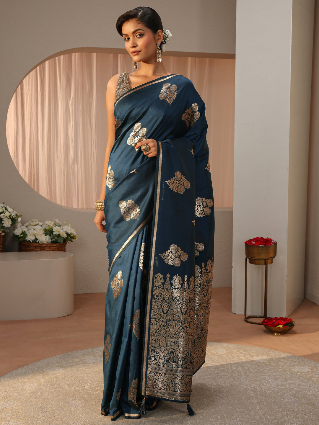 Navy Blue Kanjeevaram Silk Blend Saree