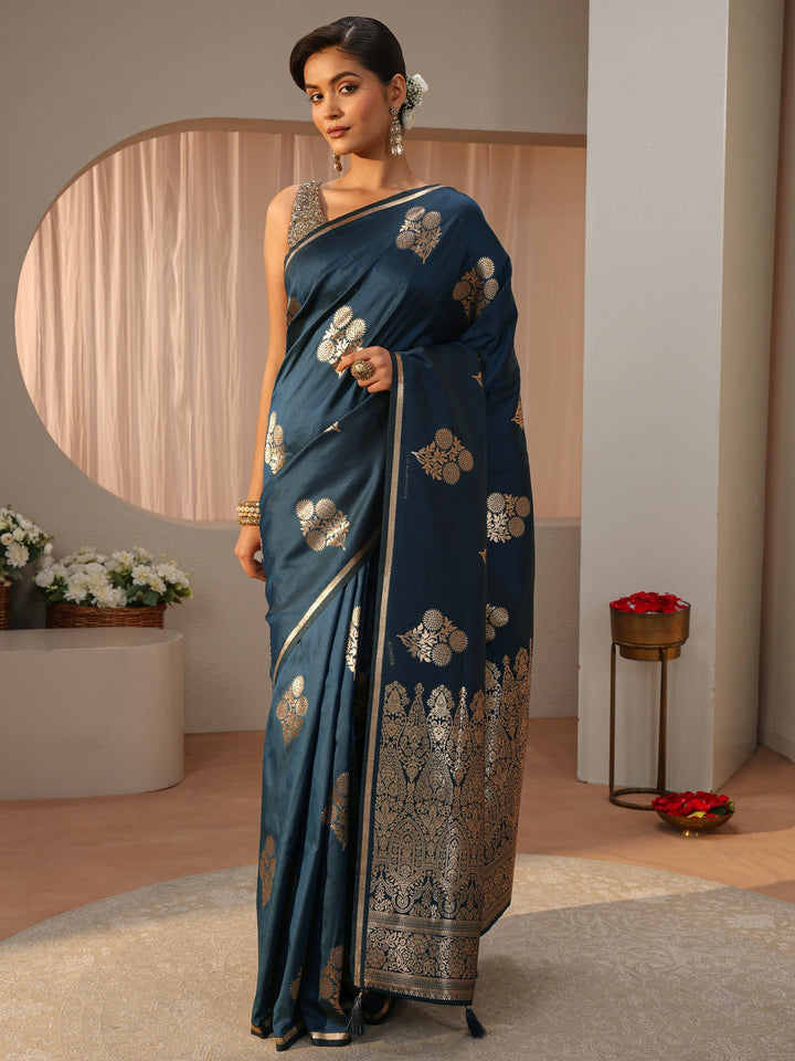 Navy Blue Kanjeevaram Silk Blend Saree
