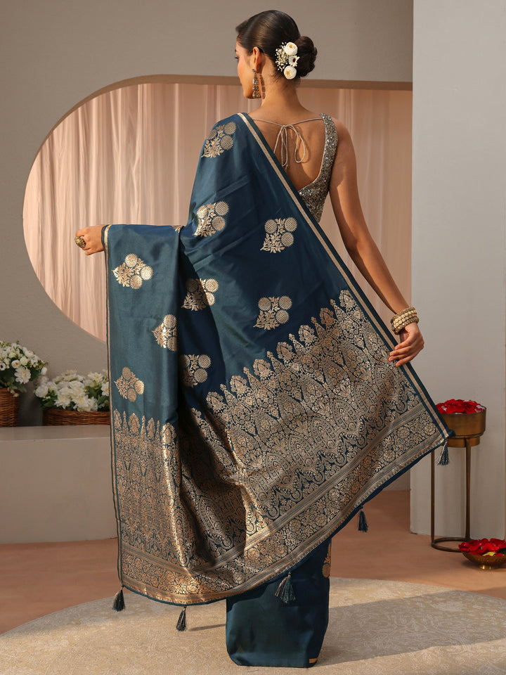 Navy Blue Kanjeevaram Silk Blend Saree