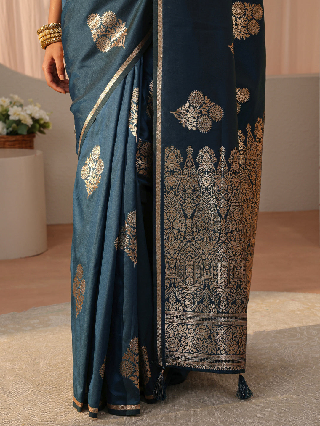 Navy Blue Kanjeevaram Silk Blend Saree