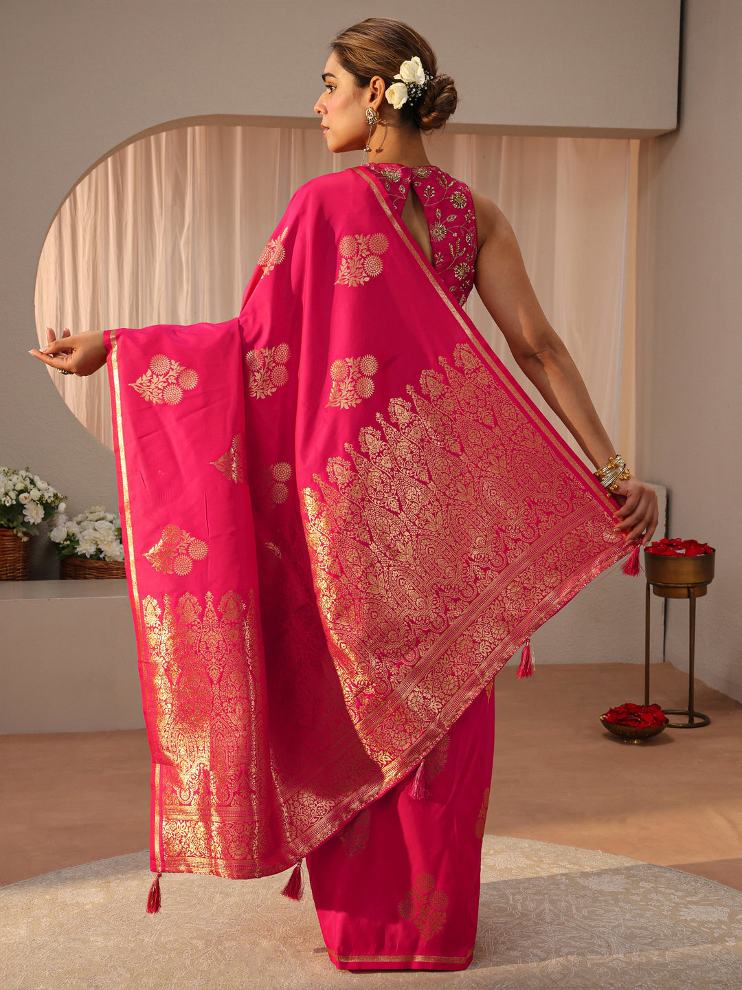 Pink Kanjeevaram Silk Blend Saree