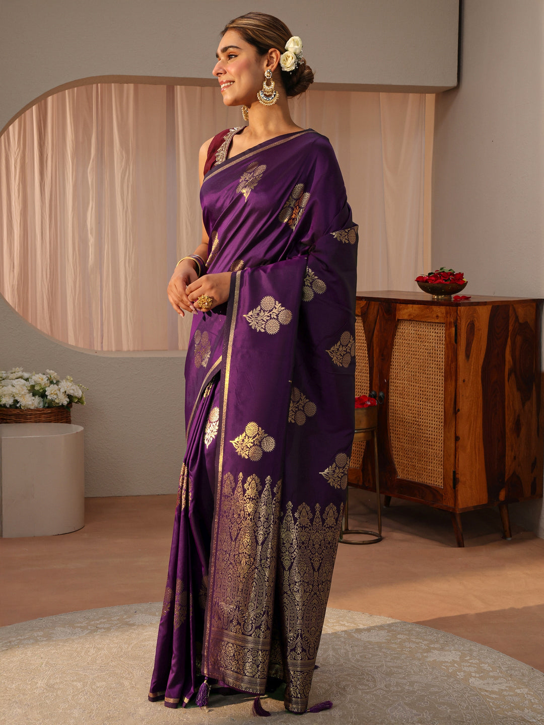 Libas Purple Floral Woven Design Silk blend Sarees with an unstitched Blouse Piece