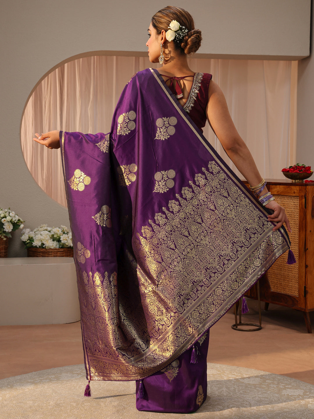 Libas Purple Floral Woven Design Silk blend Sarees with an unstitched Blouse Piece