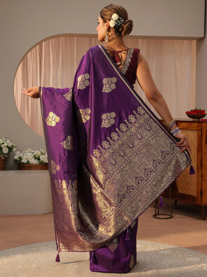 Libas Purple Floral Woven Design Silk blend Sarees with an unstitched Blouse Piece