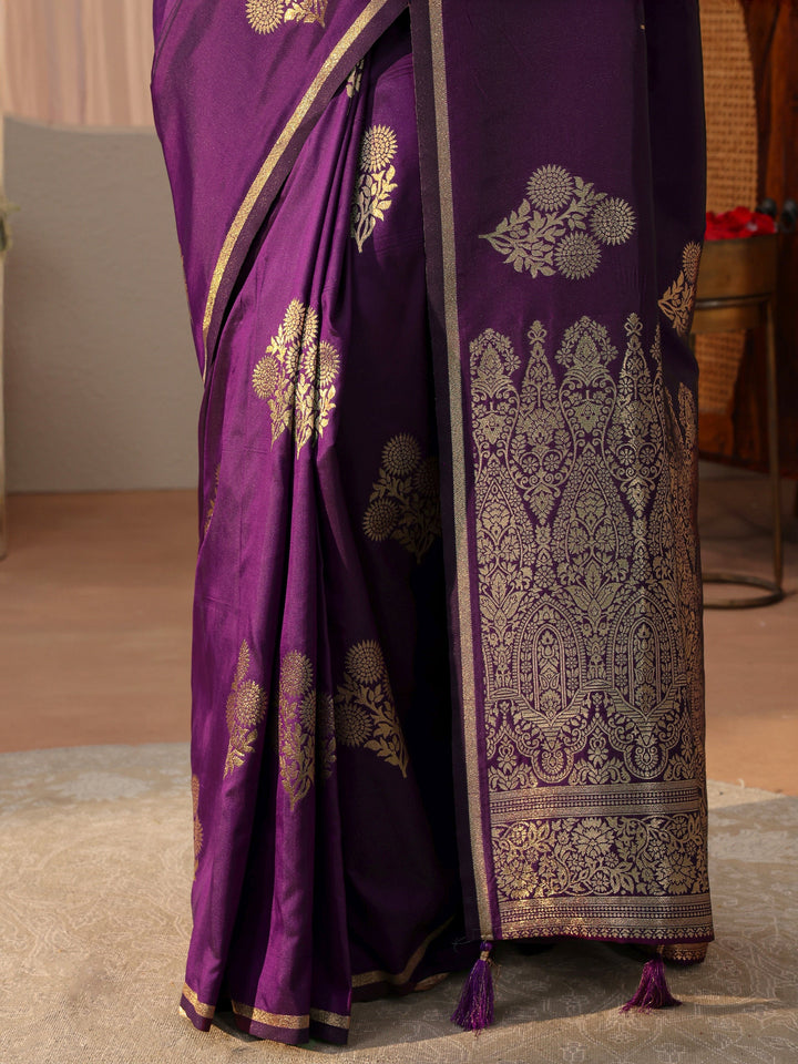 Libas Purple Floral Woven Design Silk blend Sarees with an unstitched Blouse Piece