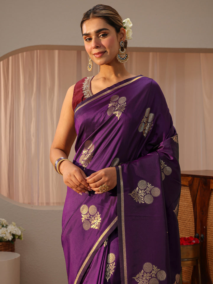 Libas Purple Floral Woven Design Silk blend Sarees with an unstitched Blouse Piece