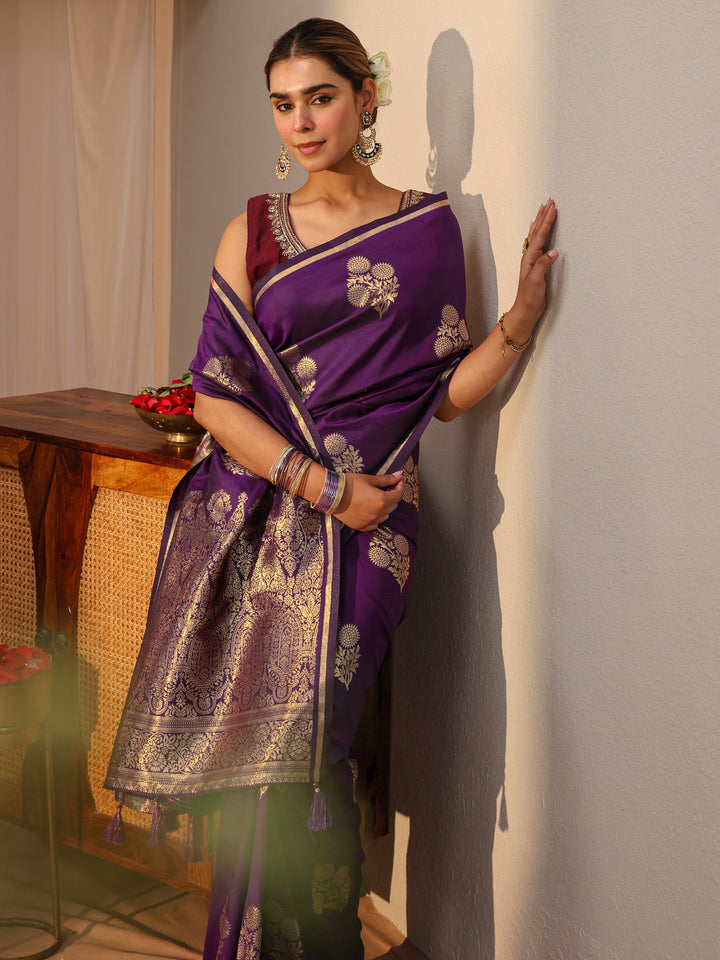 Libas Purple Floral Woven Design Silk blend Sarees with an unstitched Blouse Piece