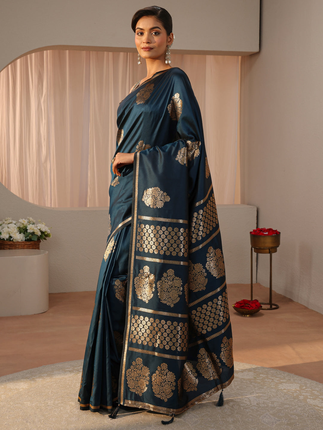 Navy Blue Kanjeevaram Silk Blend Saree