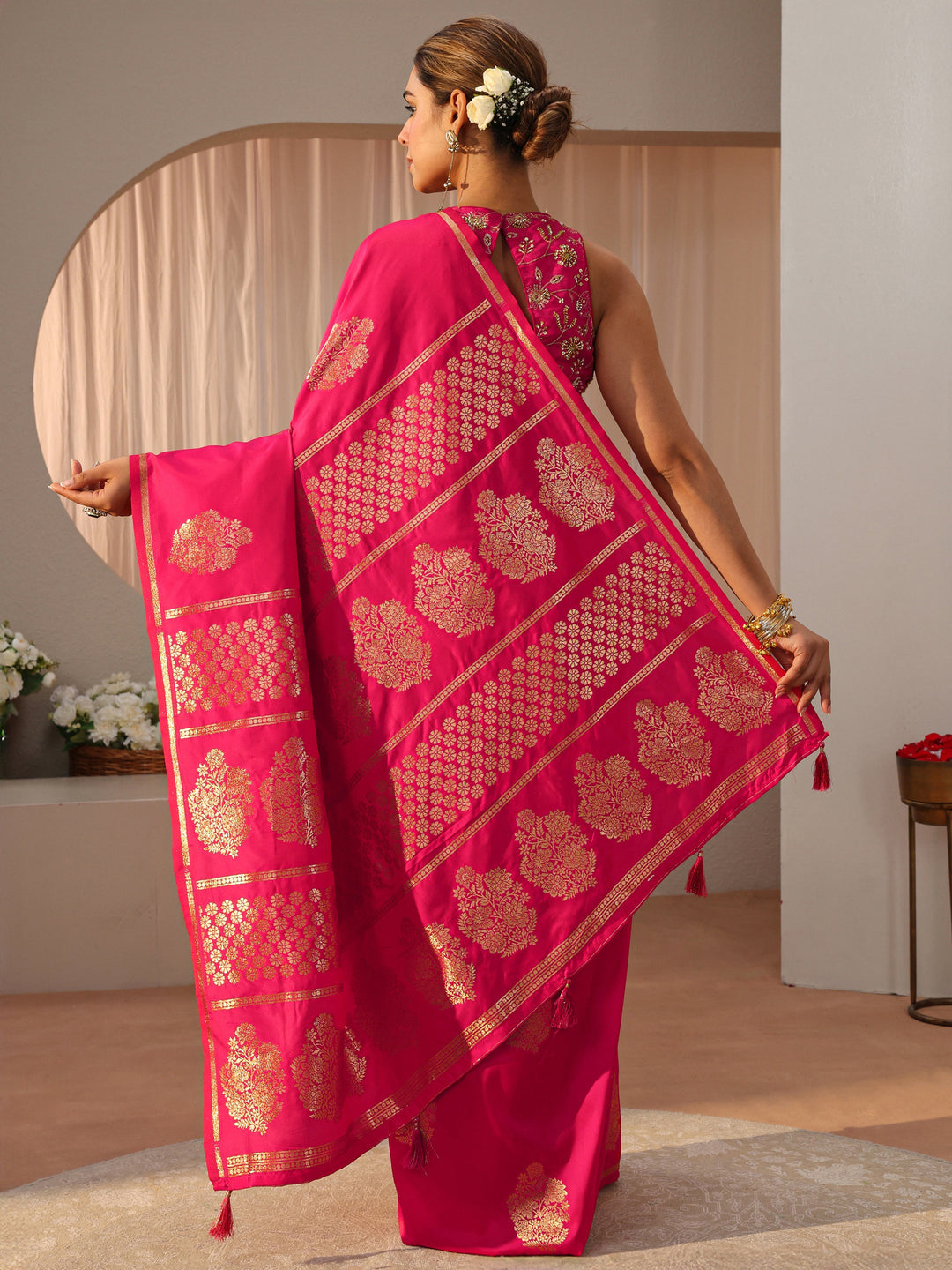 Pink Kanjeevaram Silk Blend Saree
