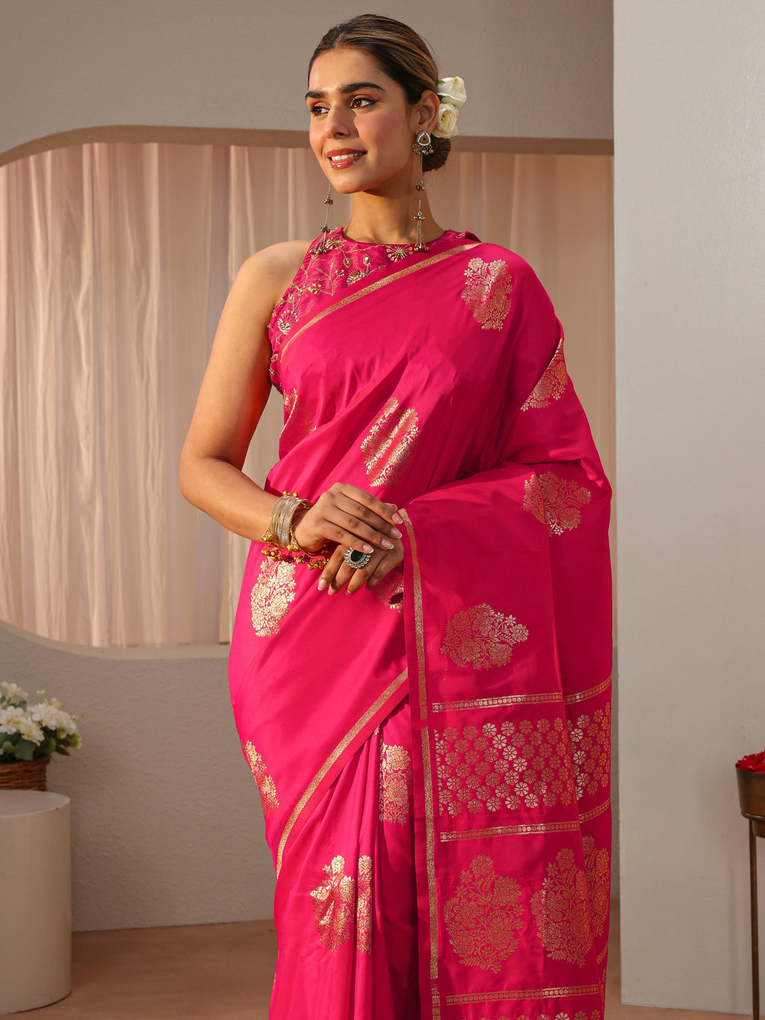 Pink Kanjeevaram Silk Blend Saree