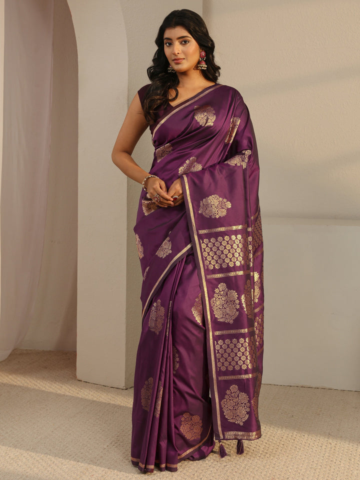 Burgundy Floral Woven Design Silk Blend Tassel Saree With Unstitched Blouse Piece