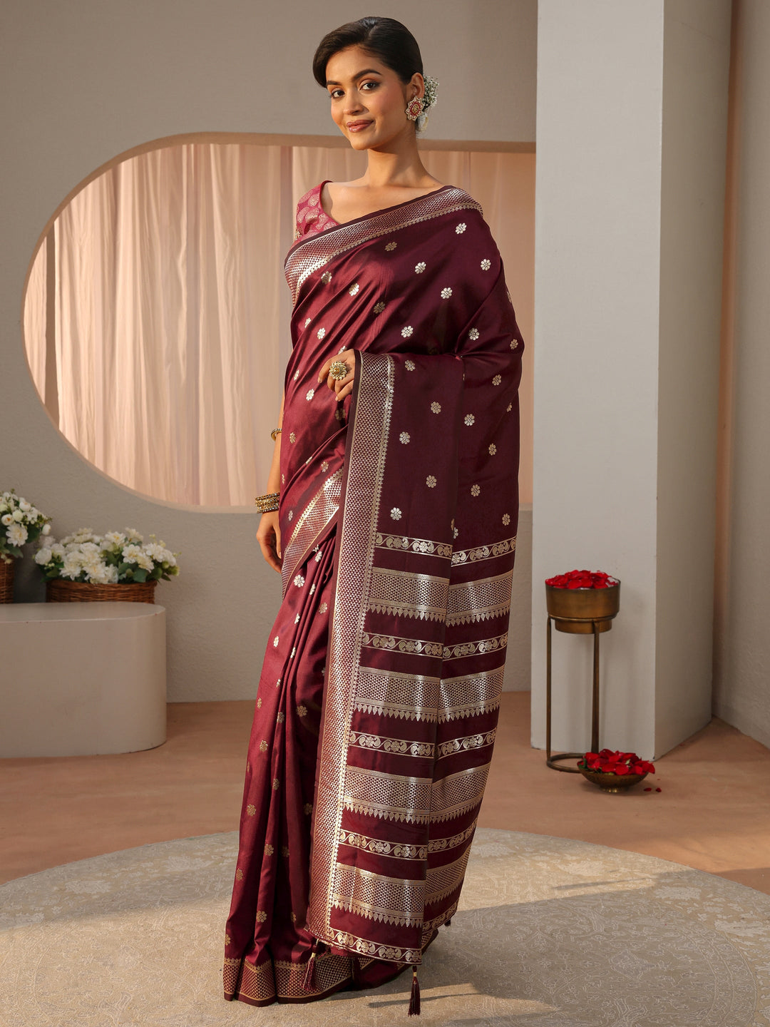 Maroon Kanjeevaram Silk Blend Saree