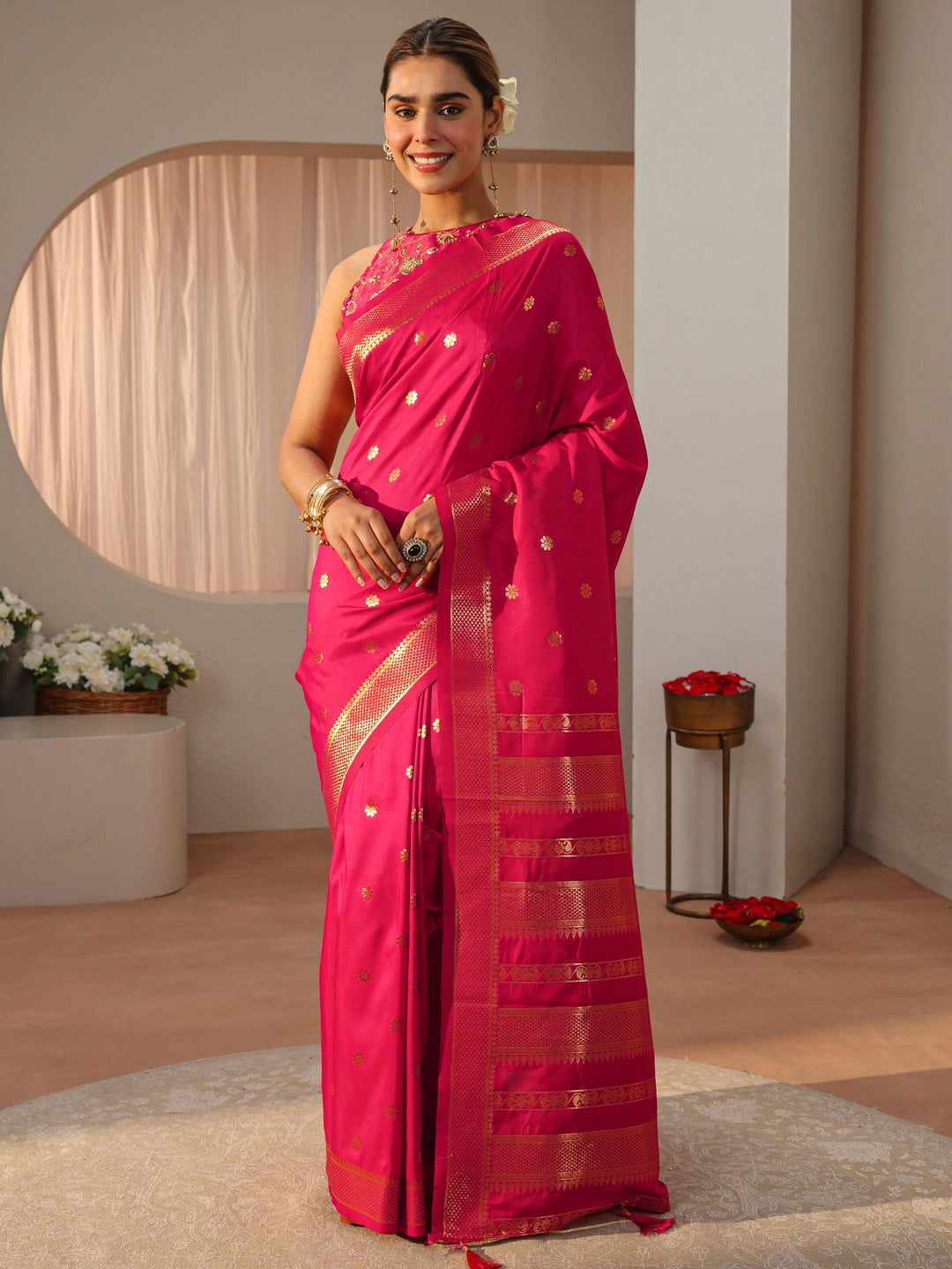 Pink Kanjeevaram Silk Blend Saree
