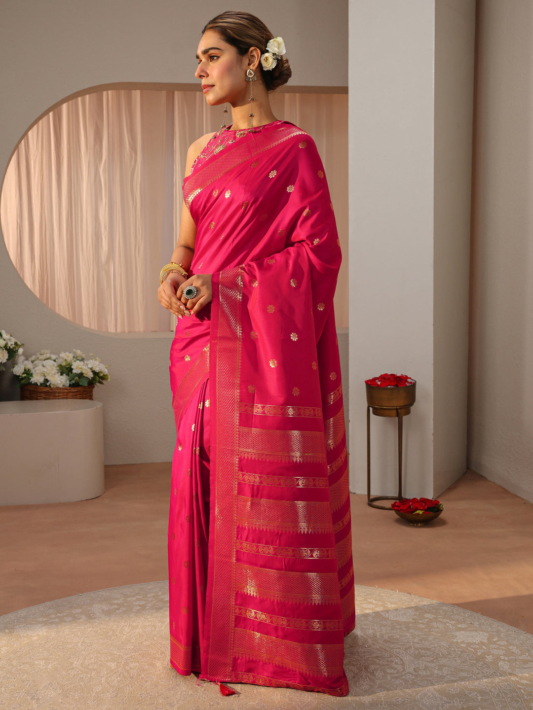 Pink Kanjeevaram Silk Blend Saree