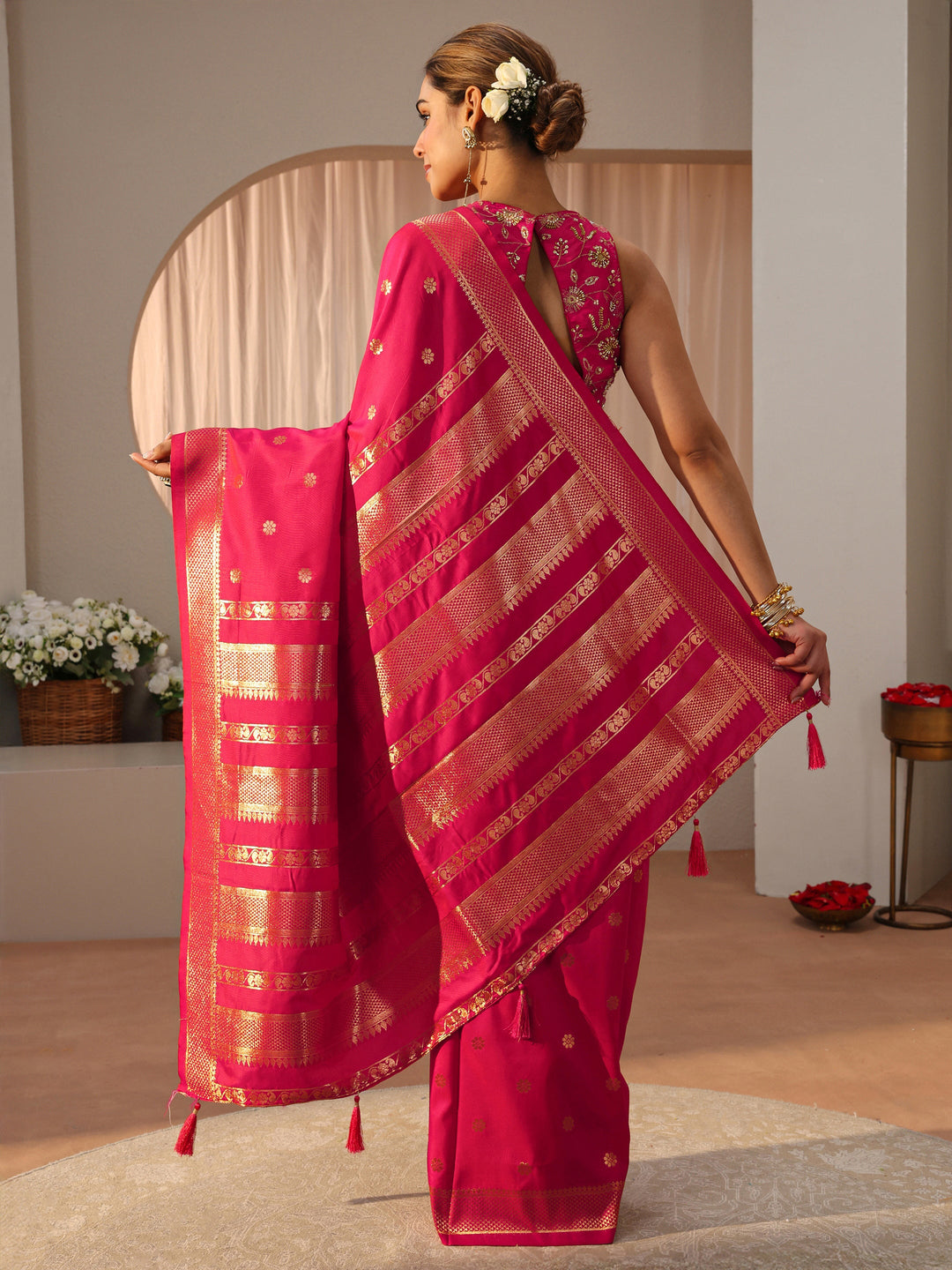 Pink Kanjeevaram Silk Blend Saree