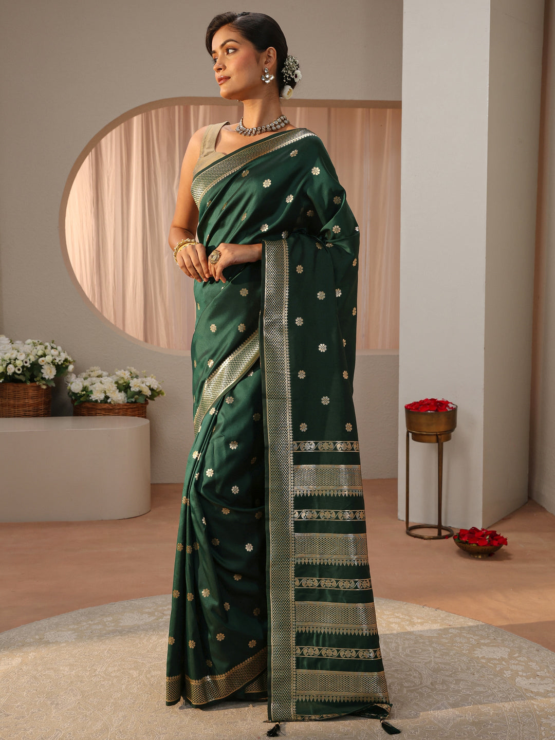 Dark Green Kanjeevaram Silk Blend Saree
