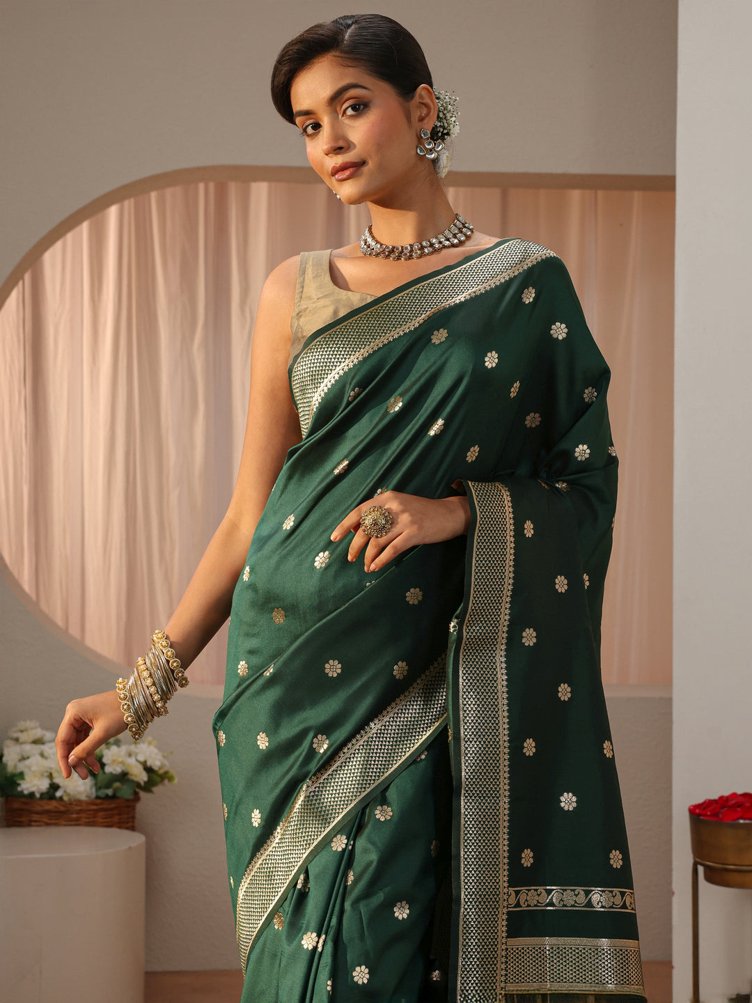Dark Green Kanjeevaram Silk Blend Saree
