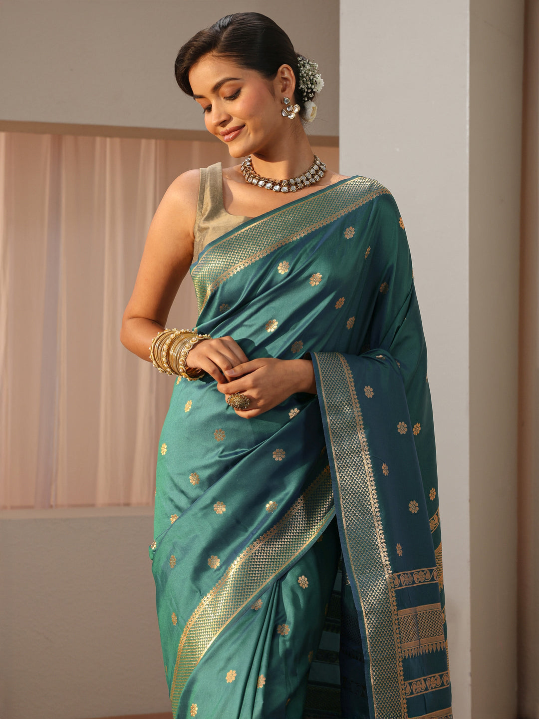 Sea Green Kanjeevaram Silk Blend Saree