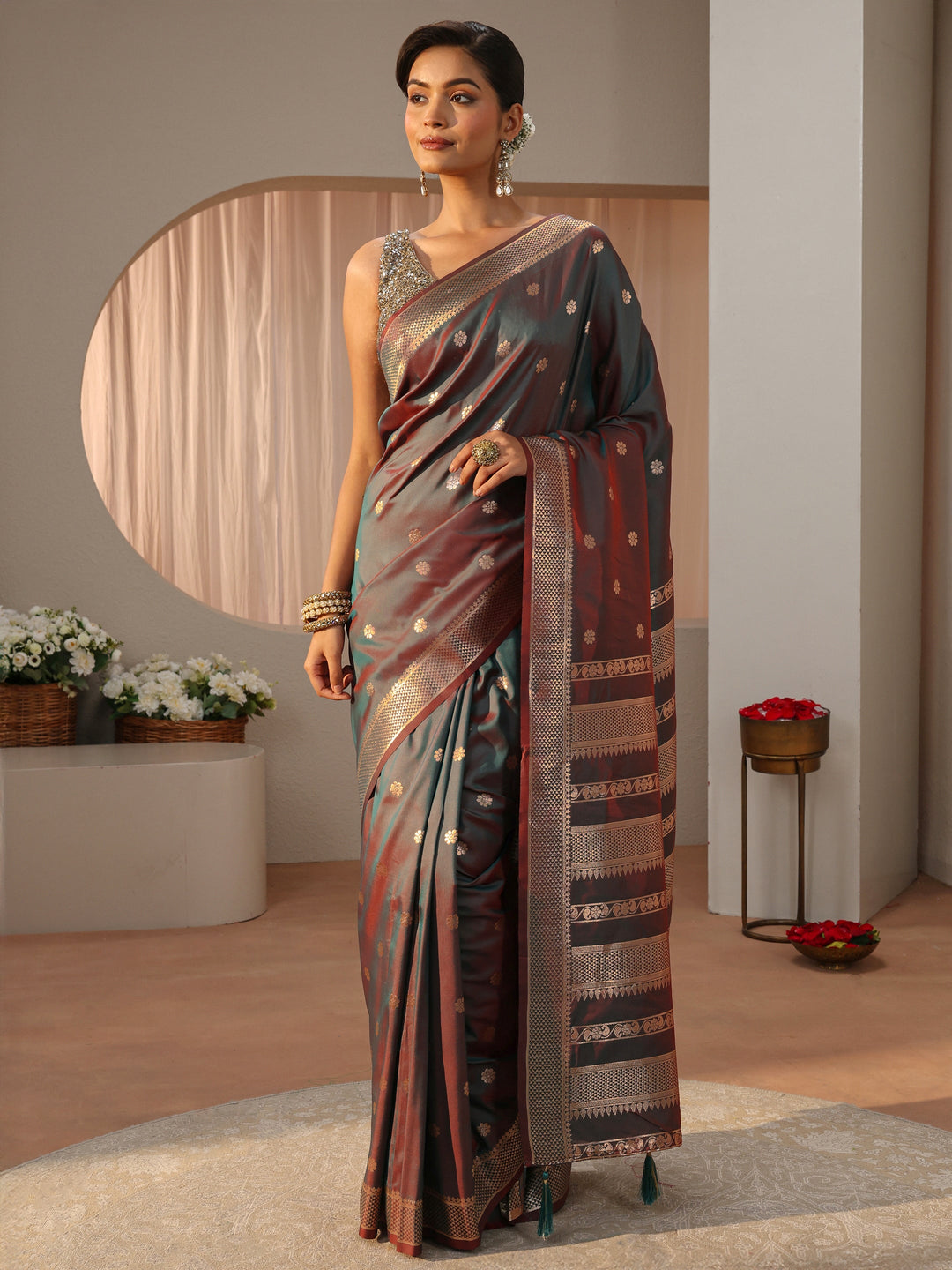 Rust Kanjeevaram Silk Blend Saree