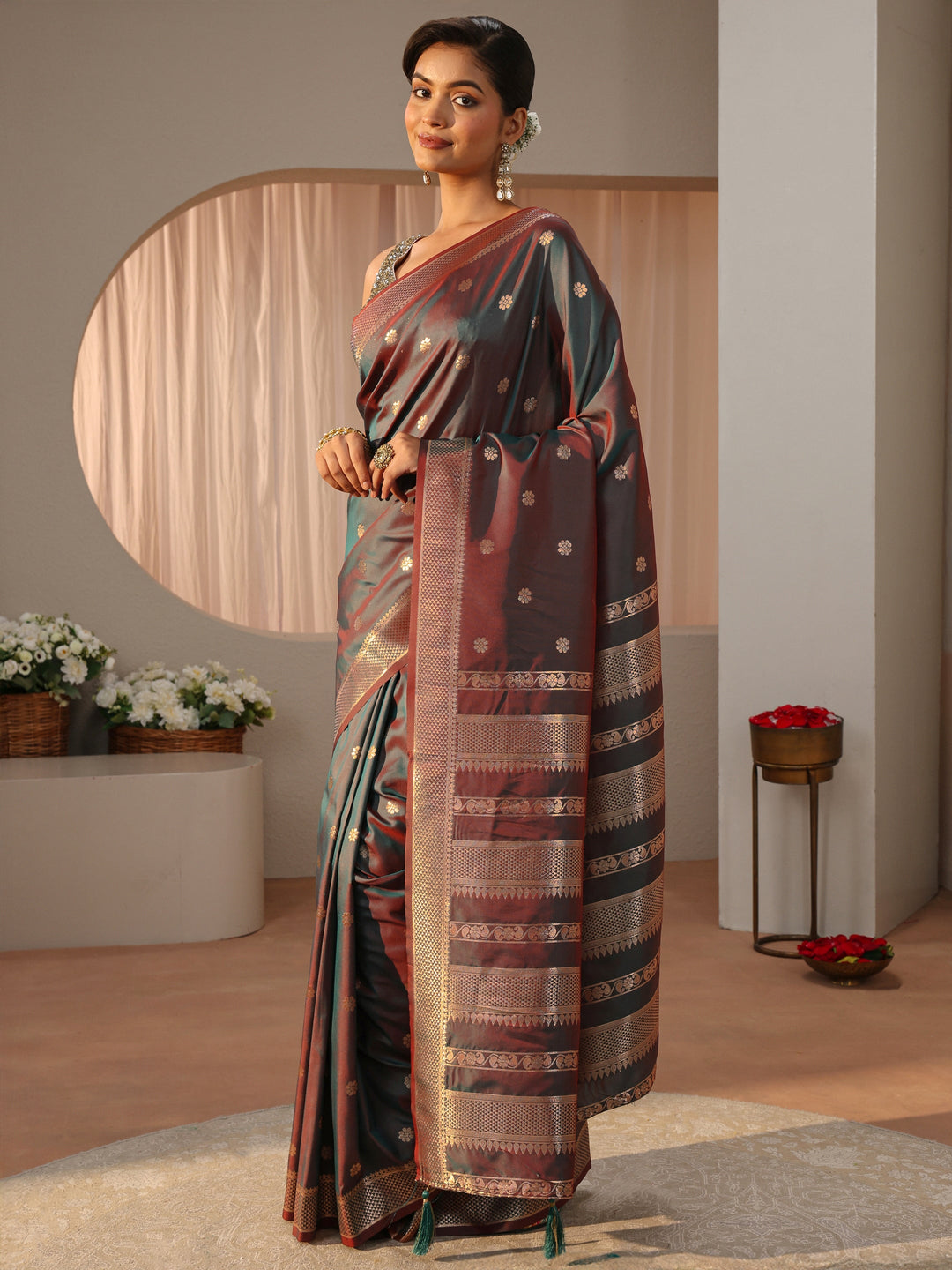 Rust Kanjeevaram Silk Blend Saree