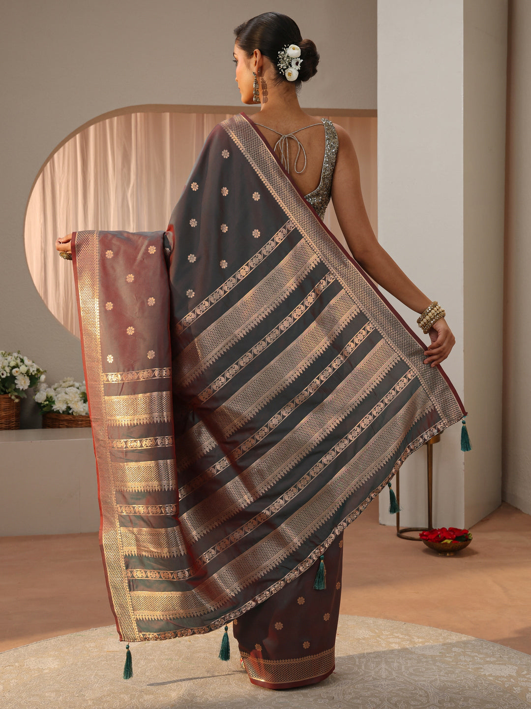 Rust Kanjeevaram Silk Blend Saree