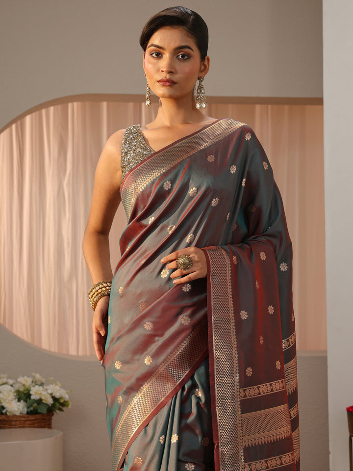 Rust Kanjeevaram Silk Blend Saree