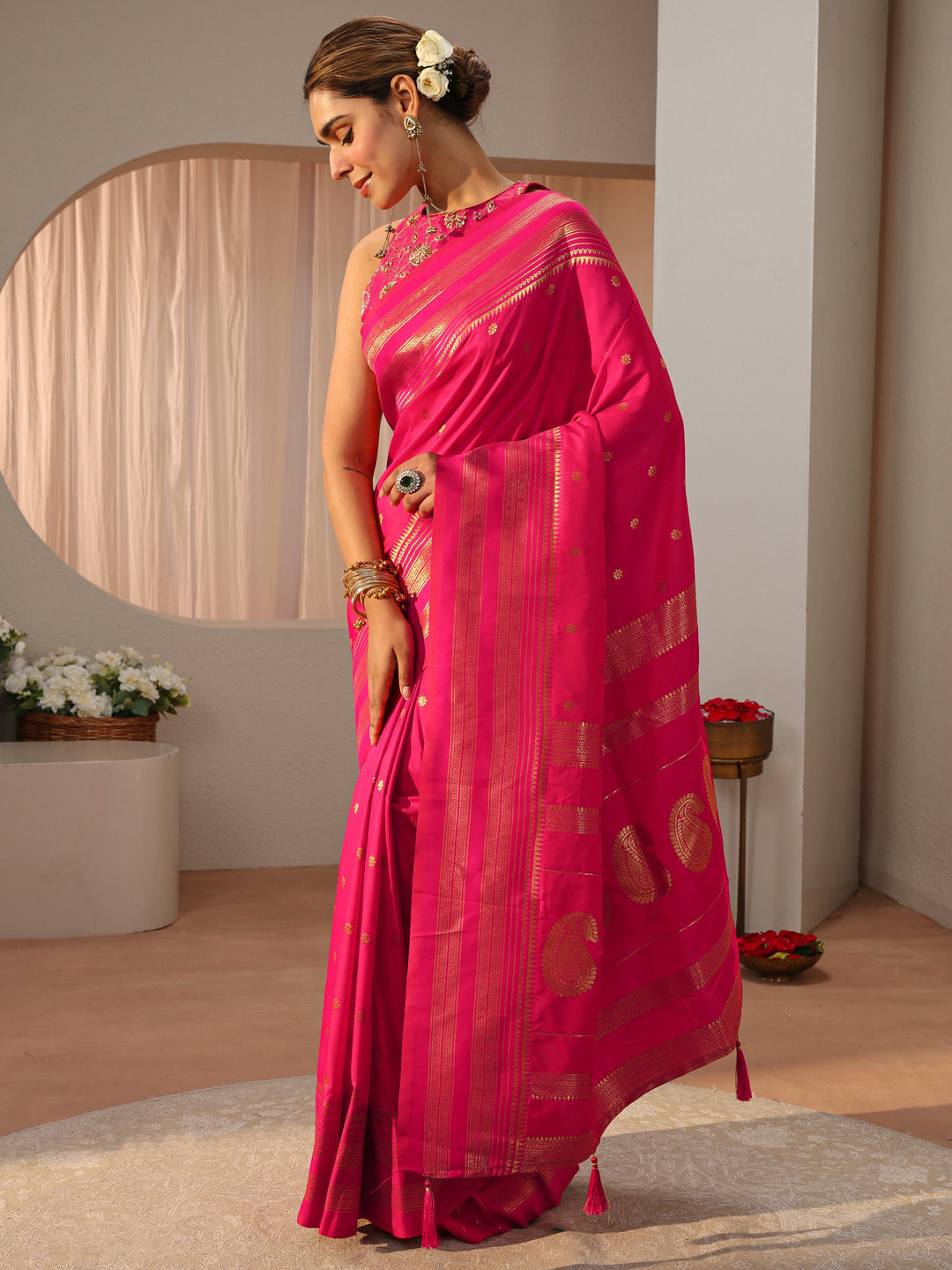 Pink Kanjeevaram Silk Blend Saree