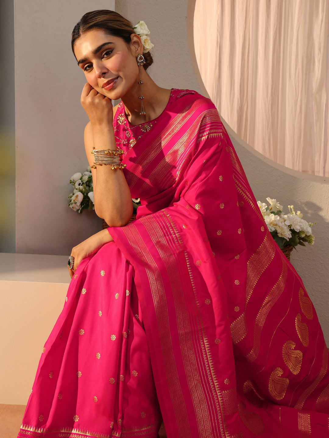 Pink Kanjeevaram Silk Blend Saree