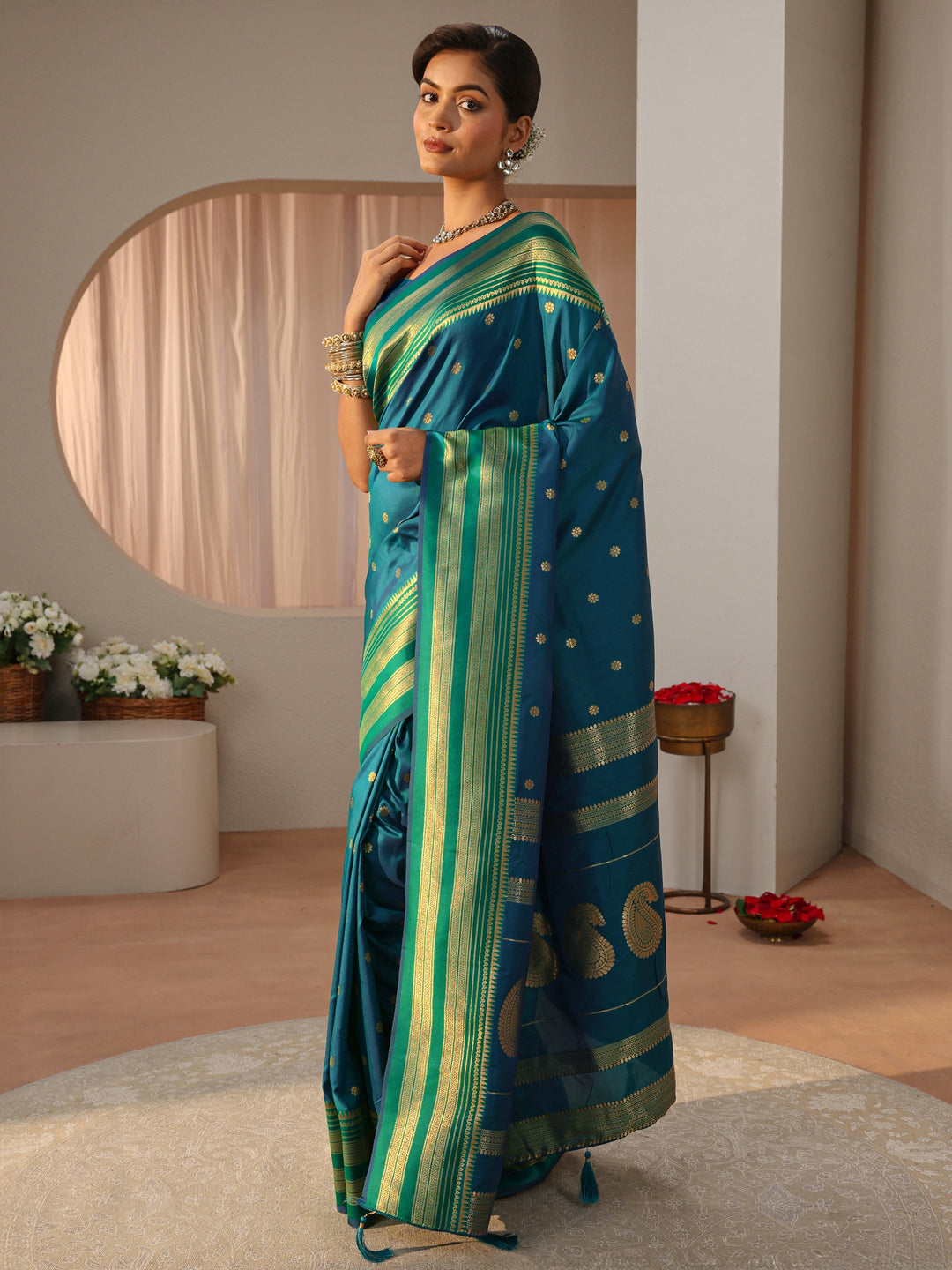 Teal Kanjeevaram Silk Blend Saree