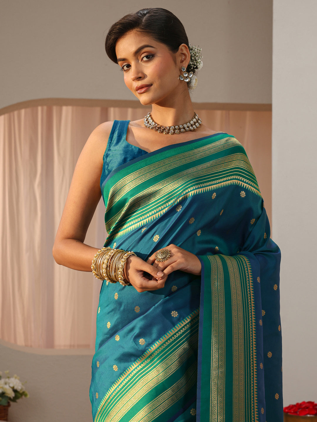 Teal Kanjeevaram Silk Blend Saree