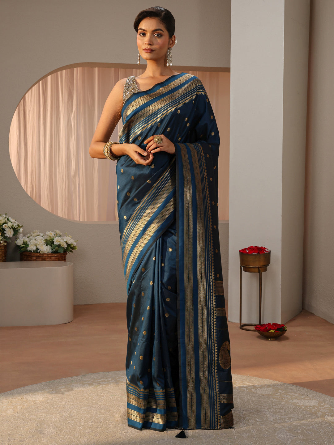 Navy Blue Kanjeevaram Silk Blend Saree