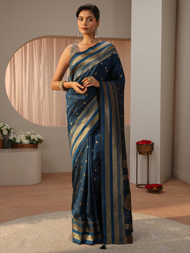Navy Blue Kanjeevaram Silk Blend Saree