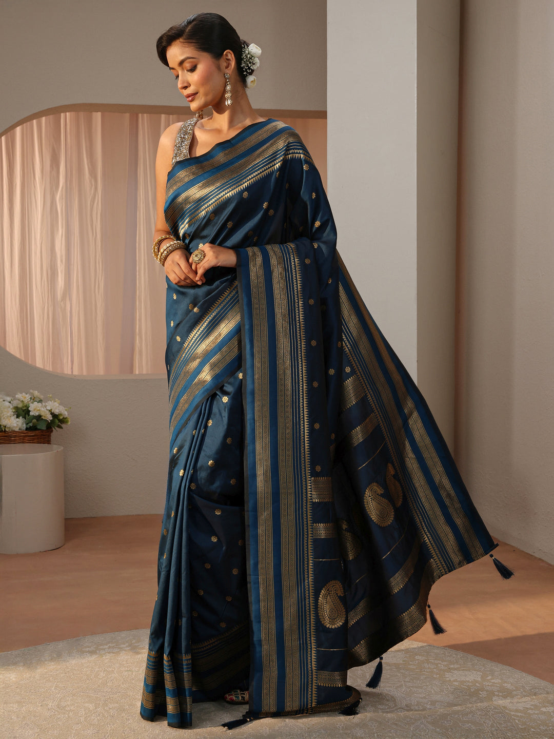 Navy Blue Kanjeevaram Silk Blend Saree