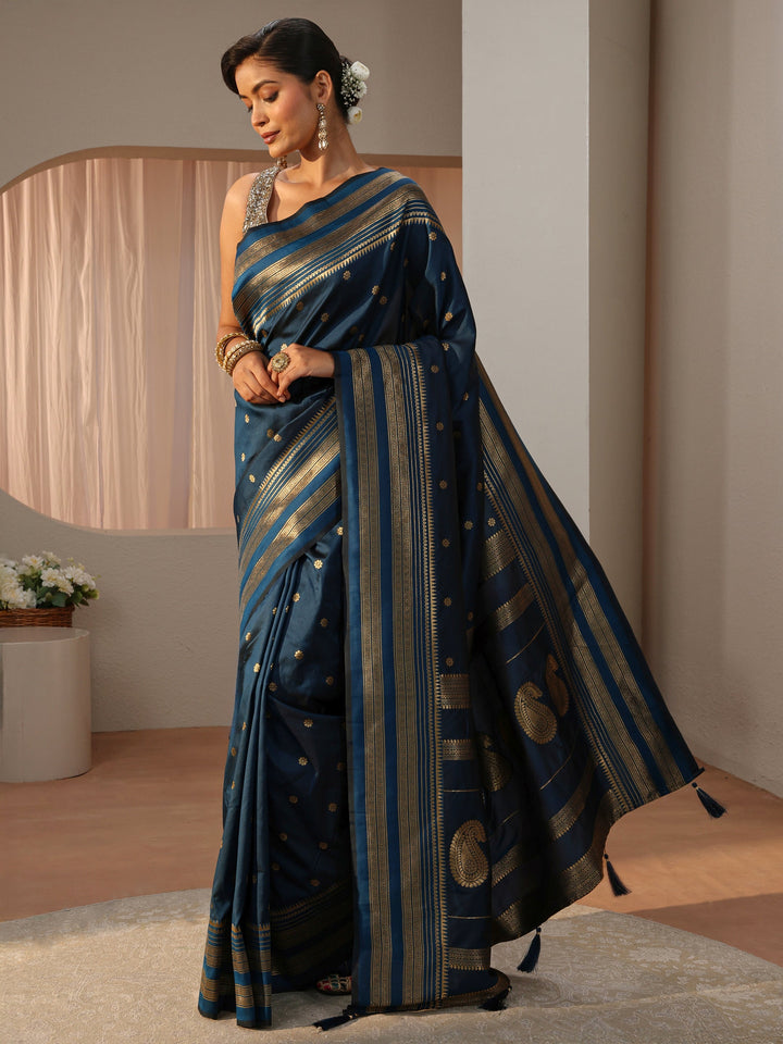Navy Blue Kanjeevaram Silk Blend Saree