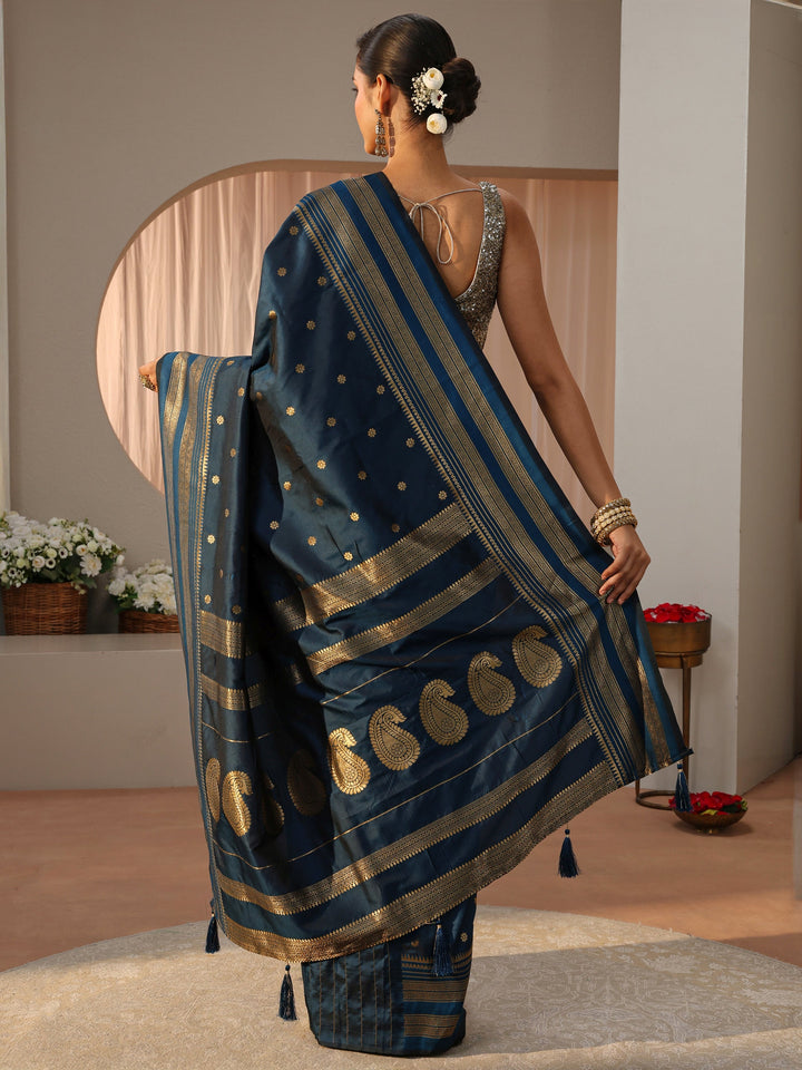 Navy Blue Kanjeevaram Silk Blend Saree