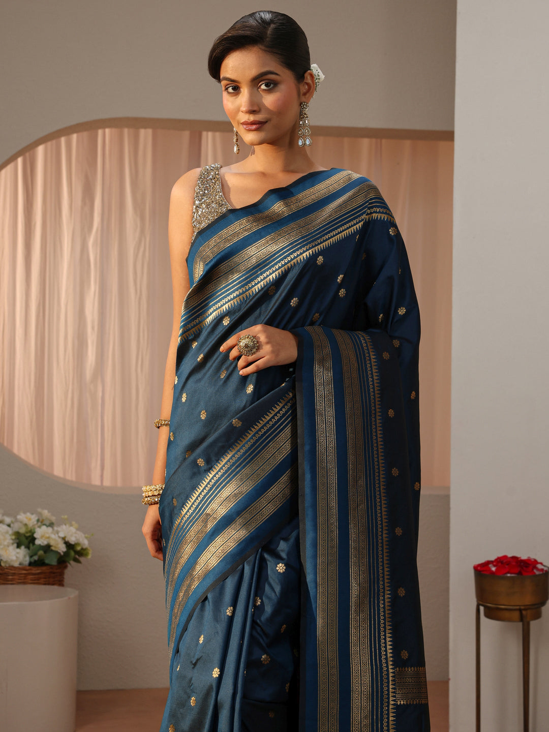 Navy Blue Kanjeevaram Silk Blend Saree
