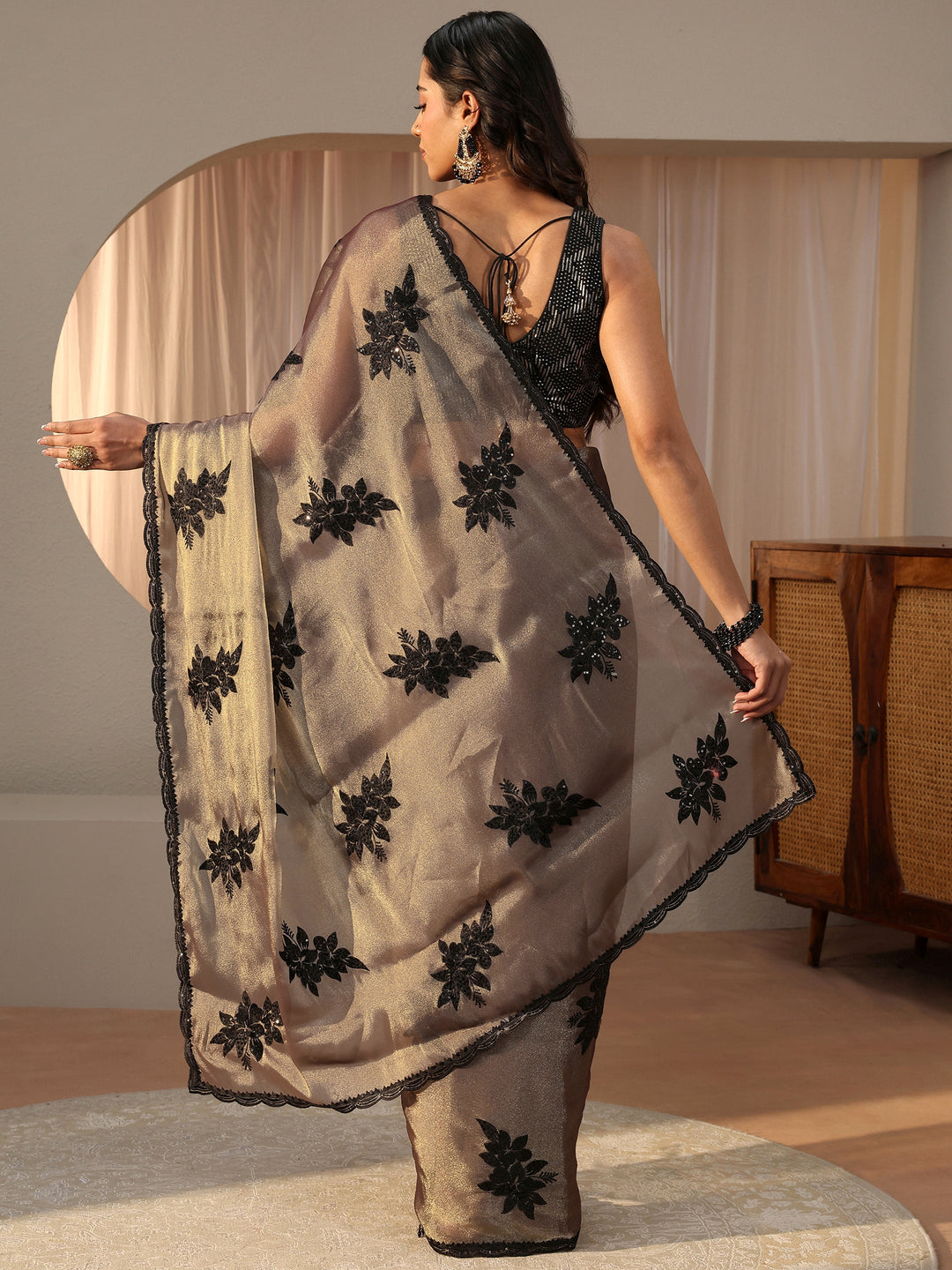 Taupe Floral Embroidered Glossy Tissue Saree