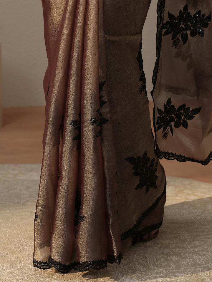 Taupe Floral Embroidered Glossy Tissue Saree