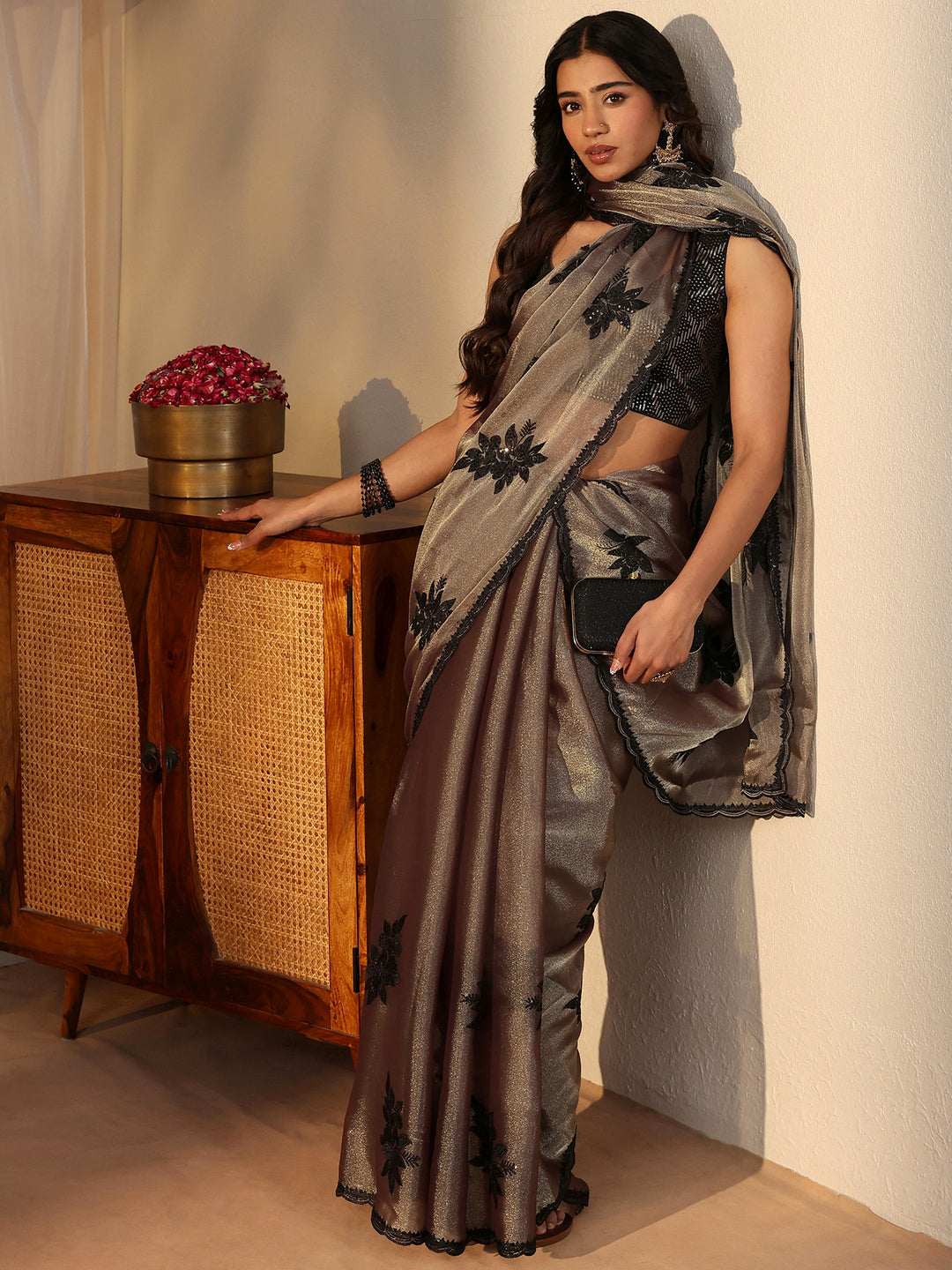 Taupe Floral Embroidered Glossy Tissue Saree
