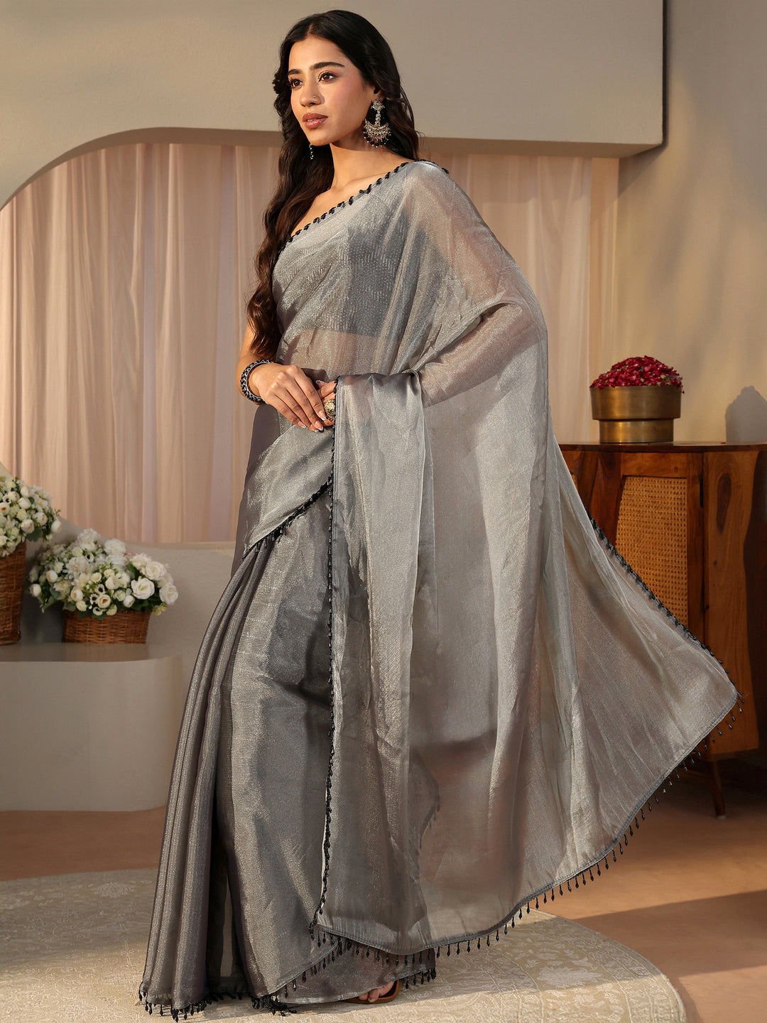 Grey Solid Glossy Tissue Saree