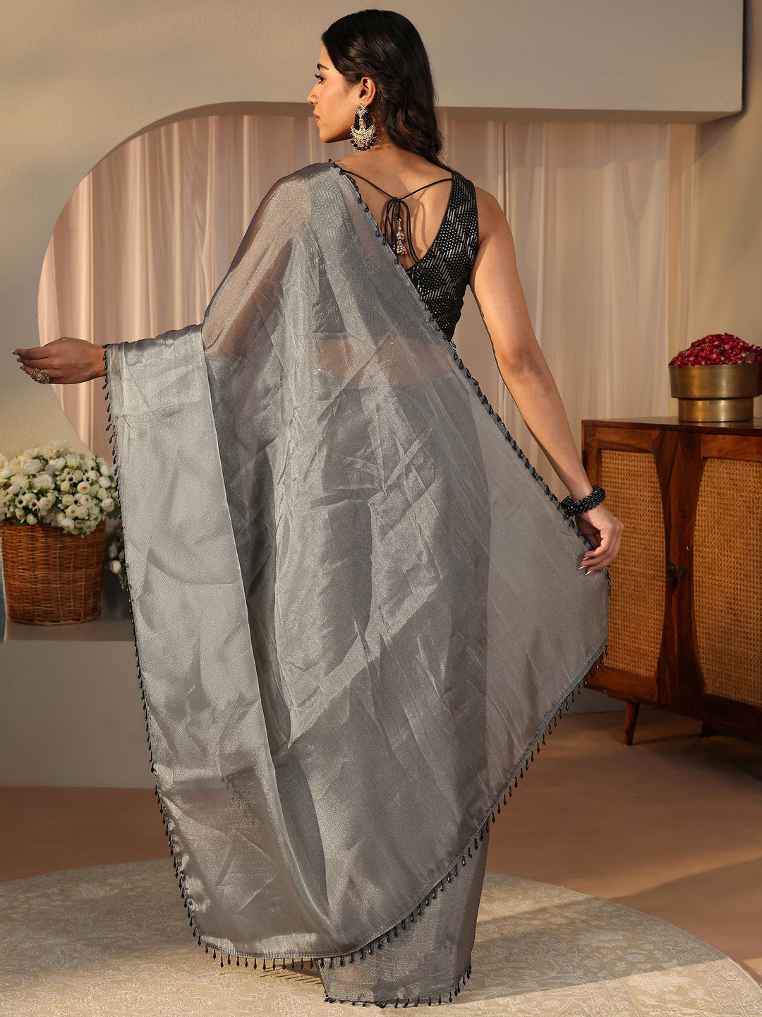 Grey Solid Glossy Tissue Saree
