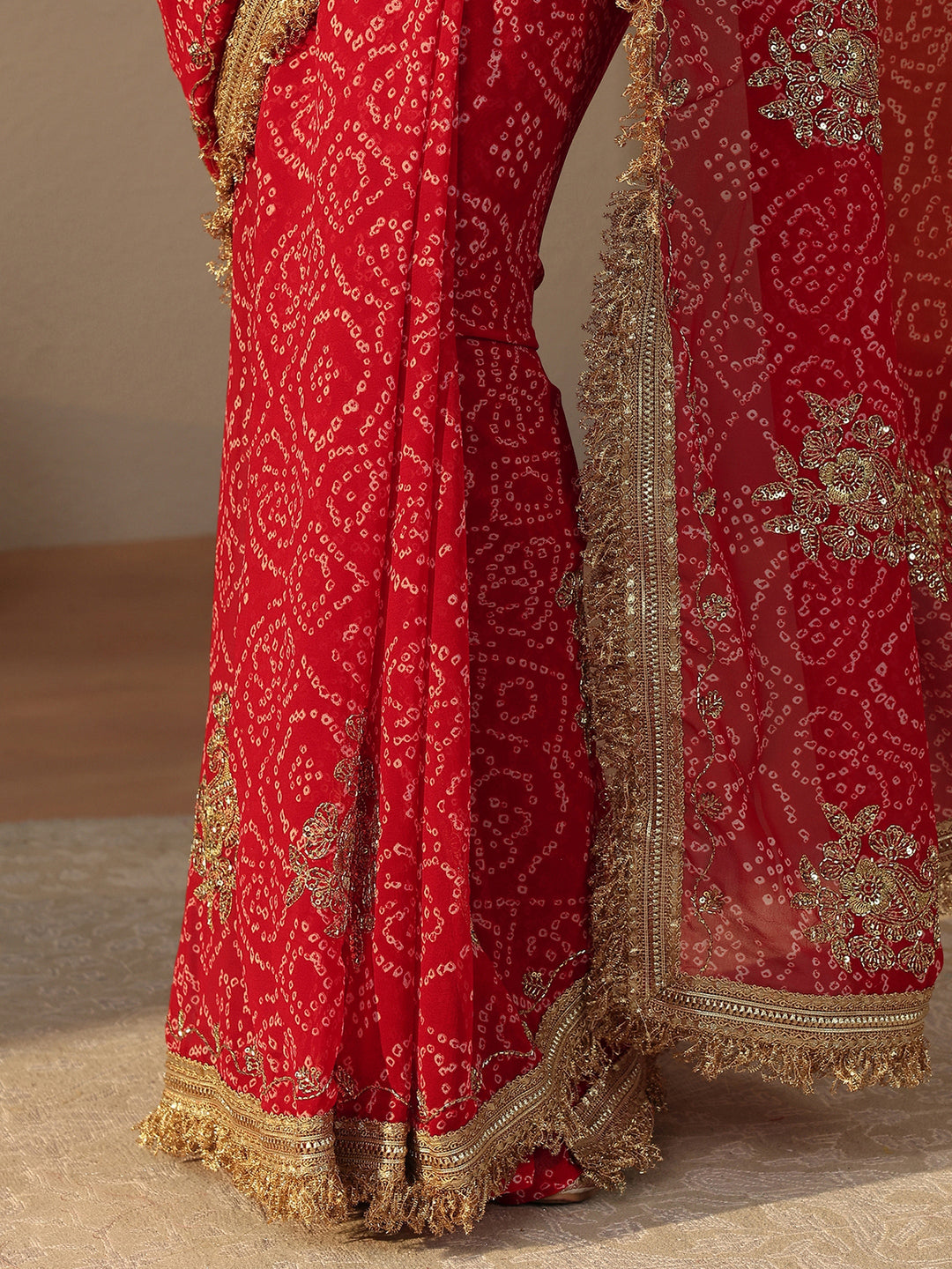 Red Bandhani Printed Chiffon Saree