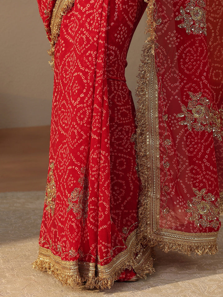 Red Bandhani Printed Chiffon Saree