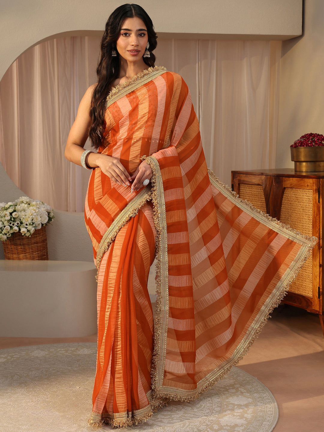Orange Striped Tissue Saree