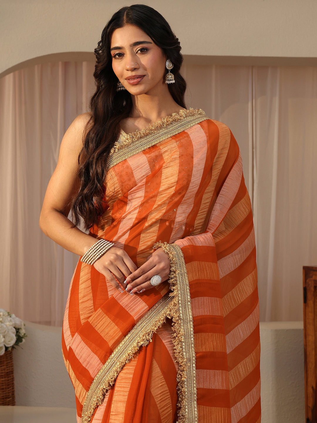 Orange Striped Tissue Saree