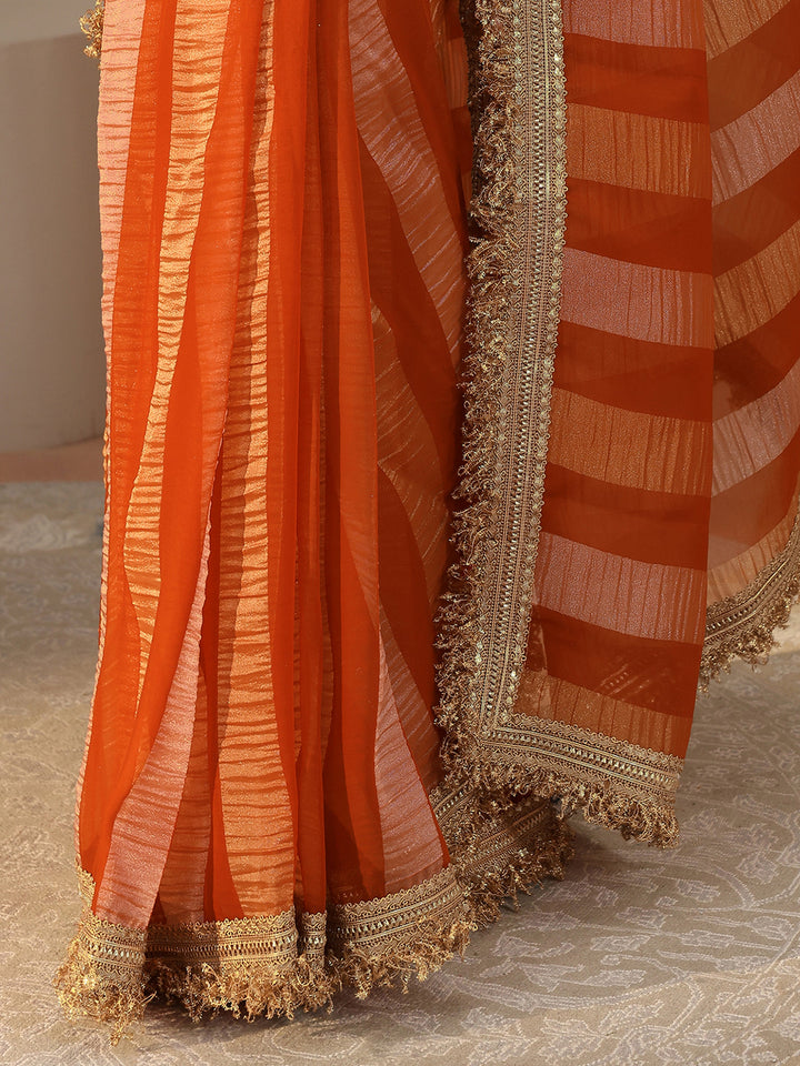 Orange Striped Tissue Saree