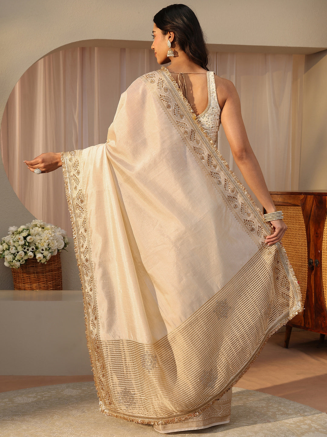 Ivory Solid Silk Blend Saree