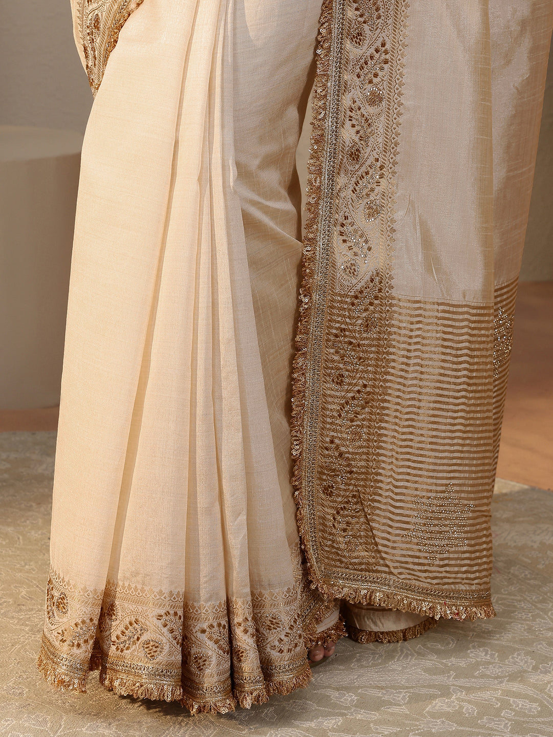 Ivory Solid Silk Blend Saree