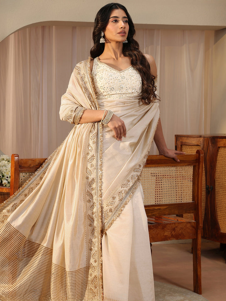 Ivory Solid Silk Blend Saree