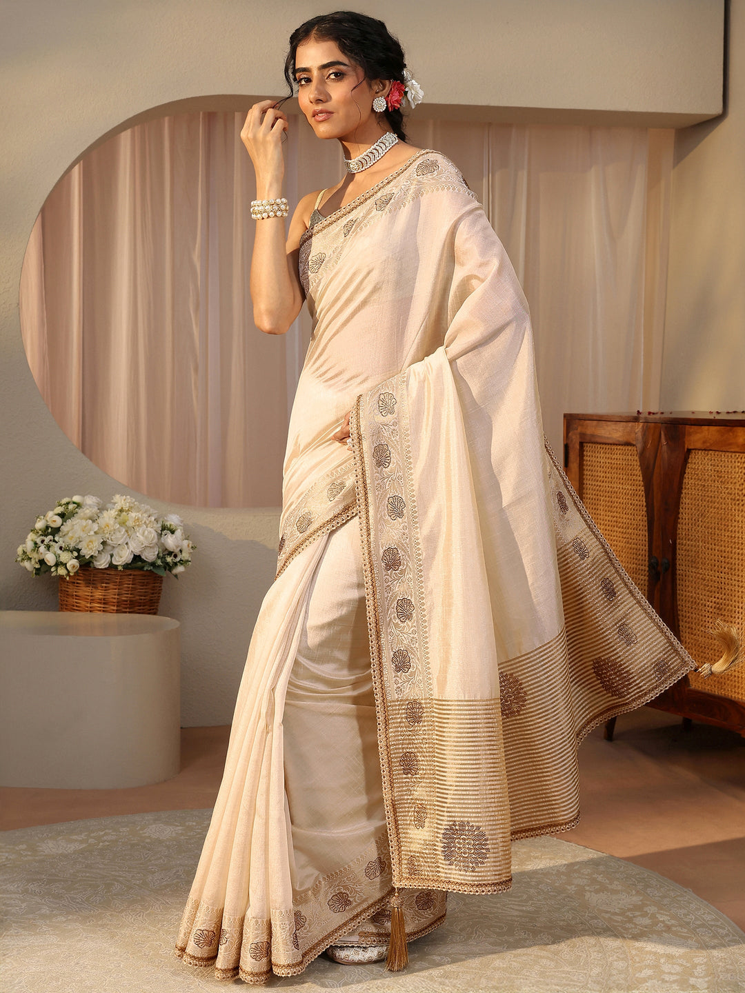 Ivory Solid Silk Blend Saree
